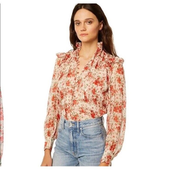 MISA Los Angeles Analeigh Blouse In Poppy Allover Floral Ruffle mock Neck Small - Picture 1 of 14